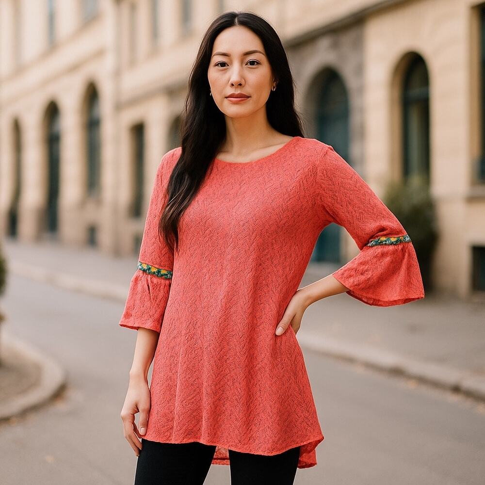 Vision USA Size S Open Crochet Top Bell Sleeves with Trim VTG Peasant Prairie